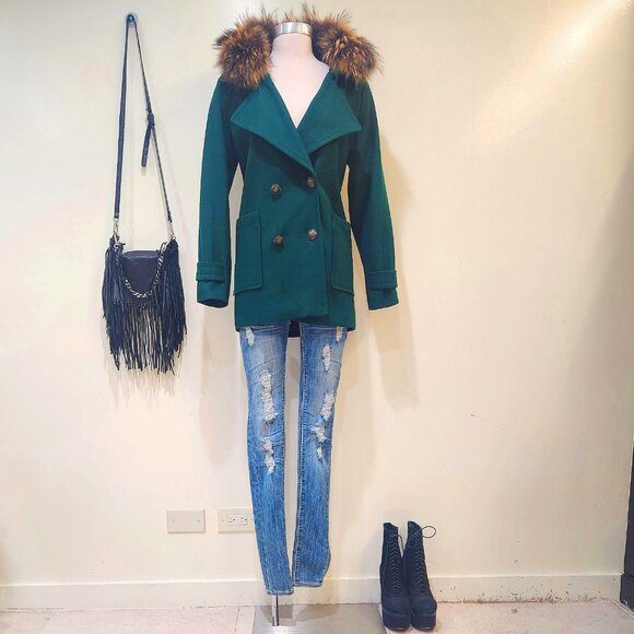 💋BOHO CHIC💋 GORGEOUS VTG WOOL COAT WITH FOX FUR COLLAR in BOTTLE GREEN - Picture 2 of 13